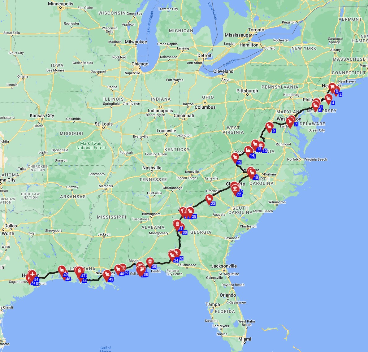 RV route From New York to Houston motorhome road trip in the USA